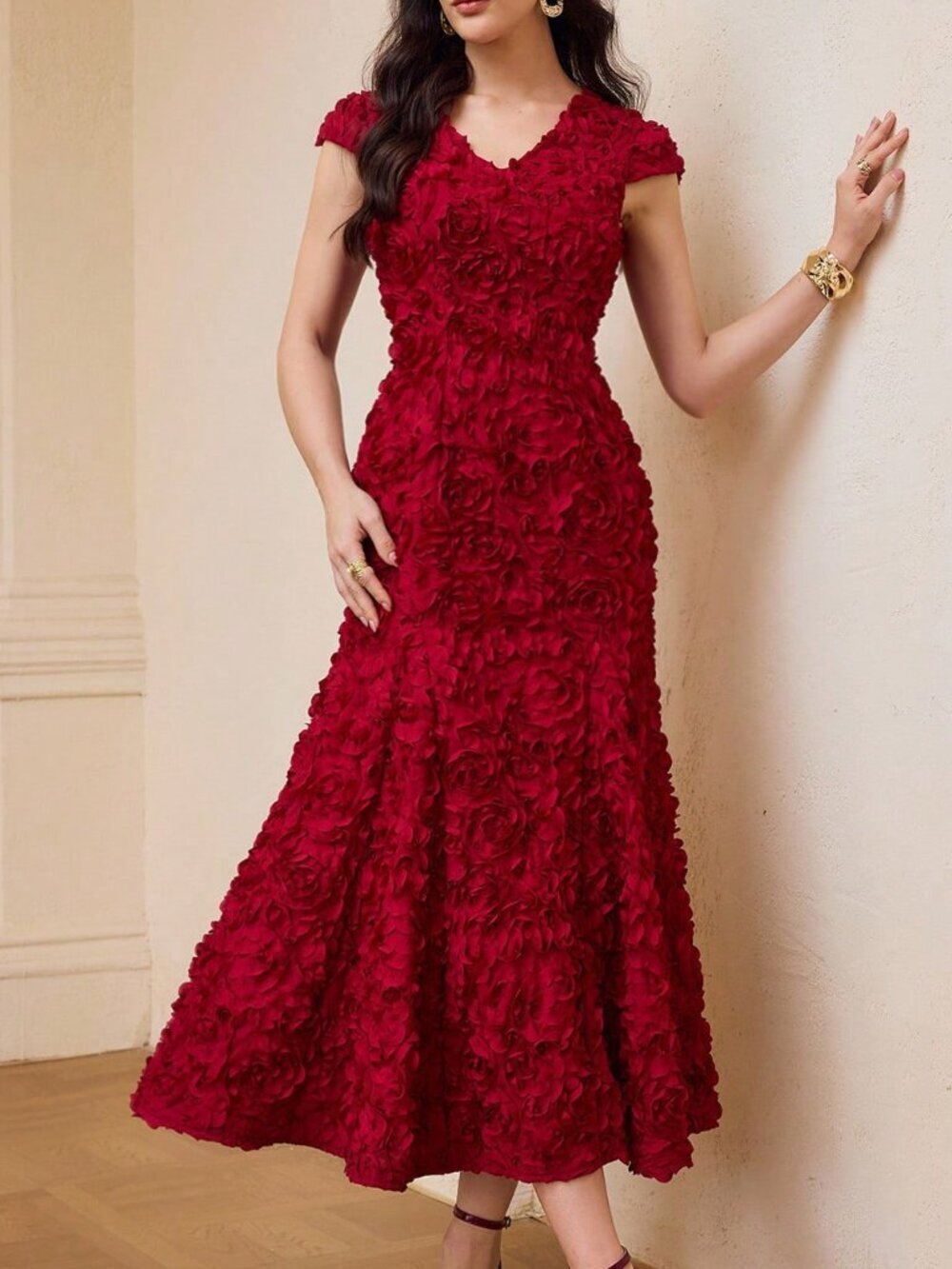 Burgundy Elegant Women's V-Neck Floral Embroidered Fitted A-Line Dress